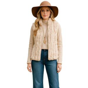 Sherpa Zip Front Vest M Plush Faux Fur Stand Collar Neutral Cozy Reversible